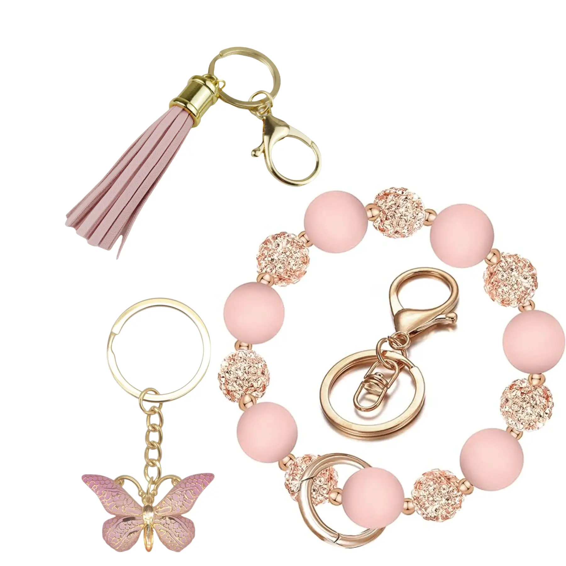 3PCS Wristlet Keychain Set, Silicone Beaded Wrist keychain with Key Ring for Women, Elastic Keychain Bracelet