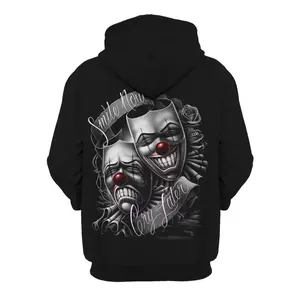 Men's Black Pullover Hoodie "Smile Now Cry Later" Clown Graphic Dark Streetwear Sweatshirt with Iconic Mask Design & Comfortable Fit