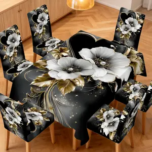 4/5/6/7pcs Golden Floral Elegance Chair Cover And Tablecloth Set, Simple Cleaning & Installation, Perfect for Kitchen, Camping, Picnics, Home Decor & Party Must-Have, Chair Covers Set