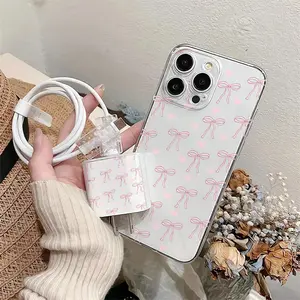 5 Piece Set Transparent Bowknot Phone Case, Charger Head Cover, Cable Protector, Storage Rope, Anti-Drop Tpu Shell for iPhone Models