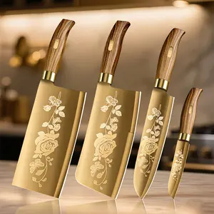 Luxury Gold Kitchen Knife Set, 4 Piece Chef Knife and Cleaver Set with Detailed Rose Flowers Etching on Blades, Durable Stainless Steel with Wenge Wood Handle, High-End Gift Set for Cooking Enthusiasts.