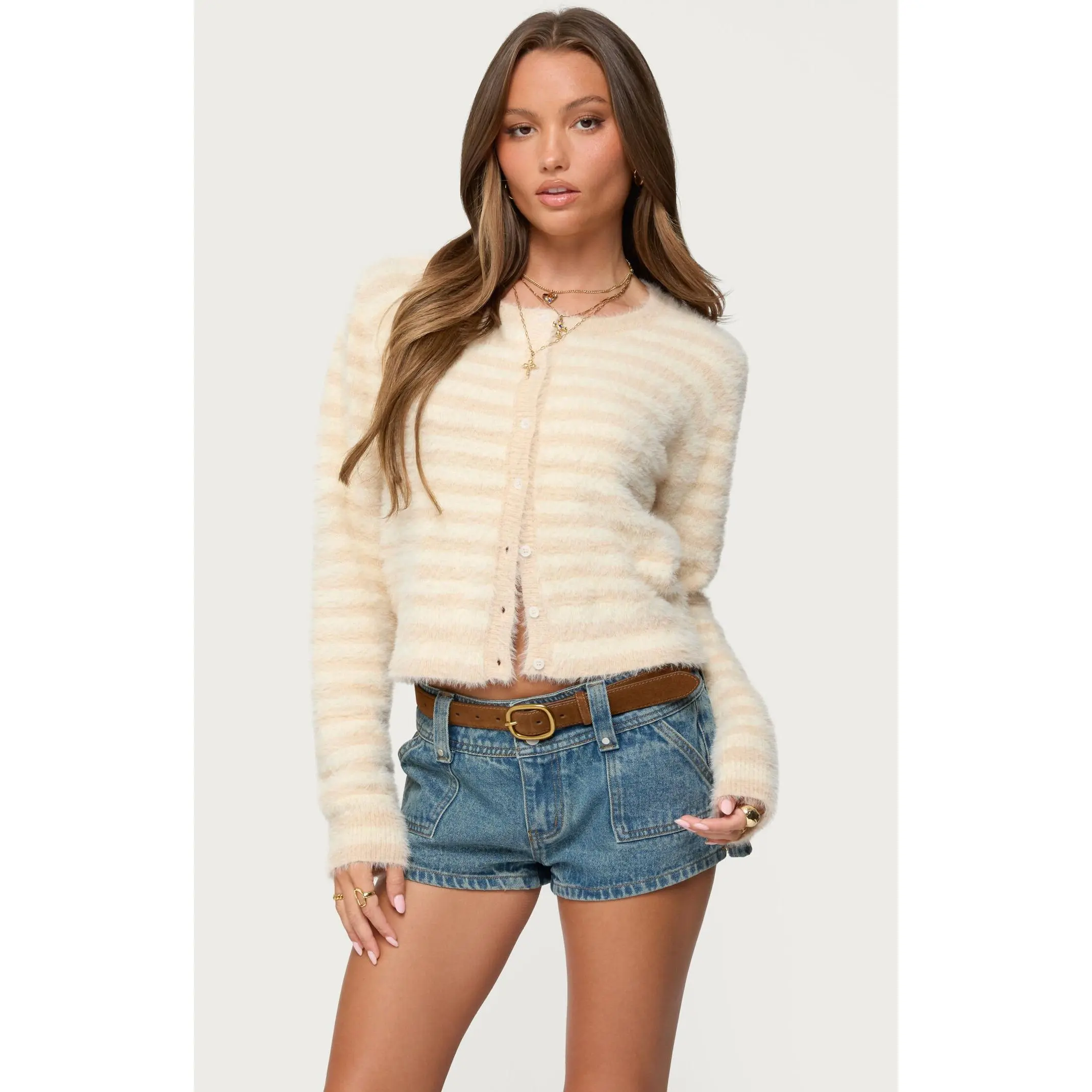 Edikted Women's Aria Striped Fuzzy Knit Cardigan