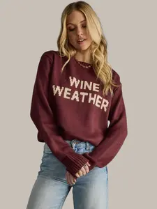 Wine Weather Sweater Women's Casual Fitted Long Sleeve Crewneck Pullover in Wine Color for Winter Wear 100% Acrylic Material with Cream Letters Statement Piece Womenswear Hoodie Jeans Sweatshirts Tops winter outfit fabric knitwear