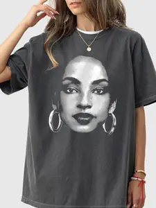 Women's Sade Character Print T-Shirt, Casual Fitted Summer Top, Moderate Fabric Thickness, Perfect for Daily Wear