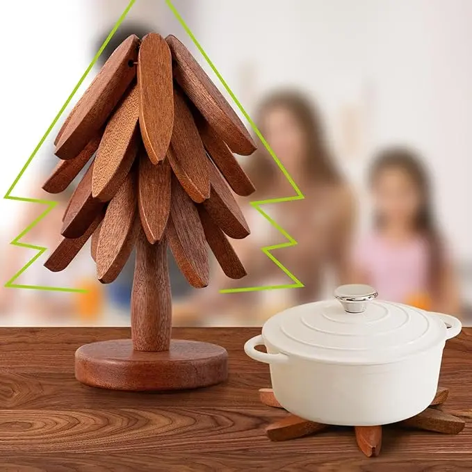 Tree Shape Natural Wood Trivet Set - 4 Trivets & 1 Stand, 7.8 Inches, Heat Resistant, Foldable Design, Ingenious Design, Original Grain, Durable High-Quality Kitchenware, Countertop Guard for Hot Dishes/Pots, Ideal Birthday Gift Ideas