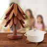 Tree Shape Natural Wood Trivet Set - 4 Trivets & 1 Stand, 7.8 Inches, Heat Resistant, Foldable Design, Ingenious Design, Original Grain, Durable High-Quality Kitchenware, Countertop Guard for Hot Dishes/Pots, Ideal Birthday Gift Ideas