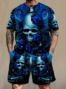 Men's Large Size Casual Rose & Skull Pattern T-Shirt Set, Short Sleeve, Fitted, All Seasons, Regular Length, No Zipper, Print Design