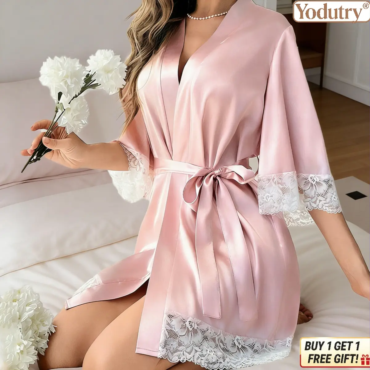 Women’s Lace Trim Long Robe – Mid Sleeve Kimono Bathrobe Tie Waist Soft Lightweight Loungewear Sleepwear Long Robe / Kimono Robe / Lace Bathrobe / Women Loungewear