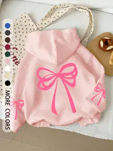 Bow Print Hoodie for Women, Drawstring, Casual Long Sleeve, Ideal for Spring & Winter, Comfortable and Stylish, Easy to Match Any Sweatshirts