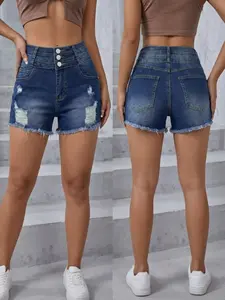 Women's High Waist Ripped Fringe Hem Denim Shorts, Button Fly, Medium Wash, Elastic Vintage Look, Y2K Style, Summer Beach Music Festival