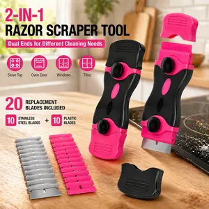 2-in-1 Pink Dual-Head Razor Scraper Tool, 20bladesincl. Replaceable Steel&Plastic Blades, Non-Slip Handle for Safe Cleaning of Glass Cooktops, Windows