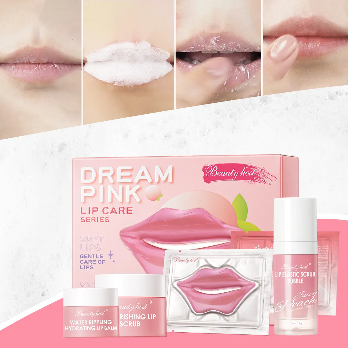 BEAUTY HOST Lip Care Set: 4-in-1 Skincare Kit for Luscious, Hydrated Lips - Hydrating Lip Balm, Nourishing Lip Scrub, Lip Elastic Scrub Bubble, and Plump Lip Mask - Delicate Smooth Comfort Moisture Moisturizing Radiant Moisturizer
