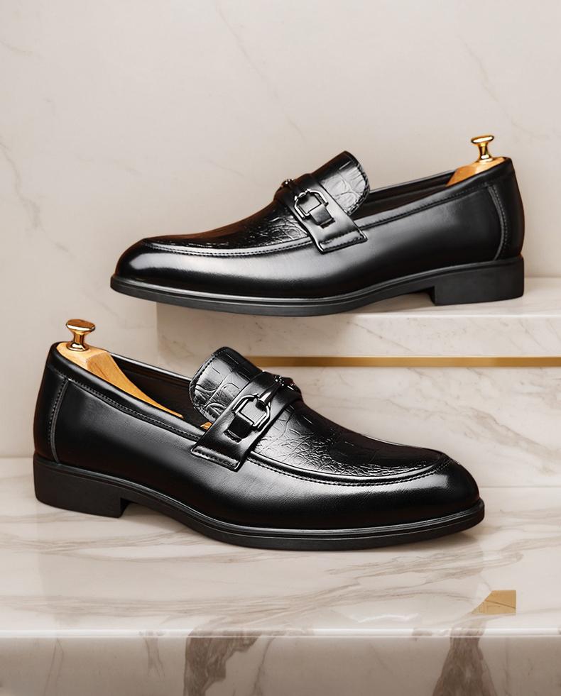 Men's Black Croc-Embossed Buckle Strap Loafers, Formal Slip-On Leather Shoes86392
