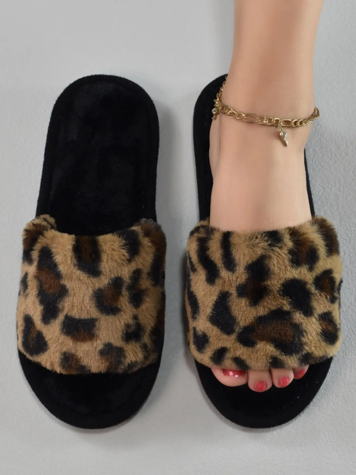 Women's Street Style Leopard Bedroom Slippers, Simple House Slippers with Open Toe Design, Casual Trendy Fluffy Fuzzy Slippers for Indoor for Fall & W