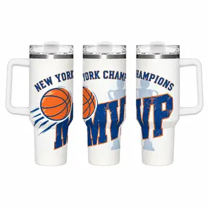 40oz Handle Insulated Travel Tumbler, Vintage Distressed New York Champions Motion Basketball MVP Full Wrap Print 18/8 Stainless Steel Leak Proof Straw Water Mug, 24H Cold 12H Hot BPA Free NYC City Basketball Fan Gift for Men