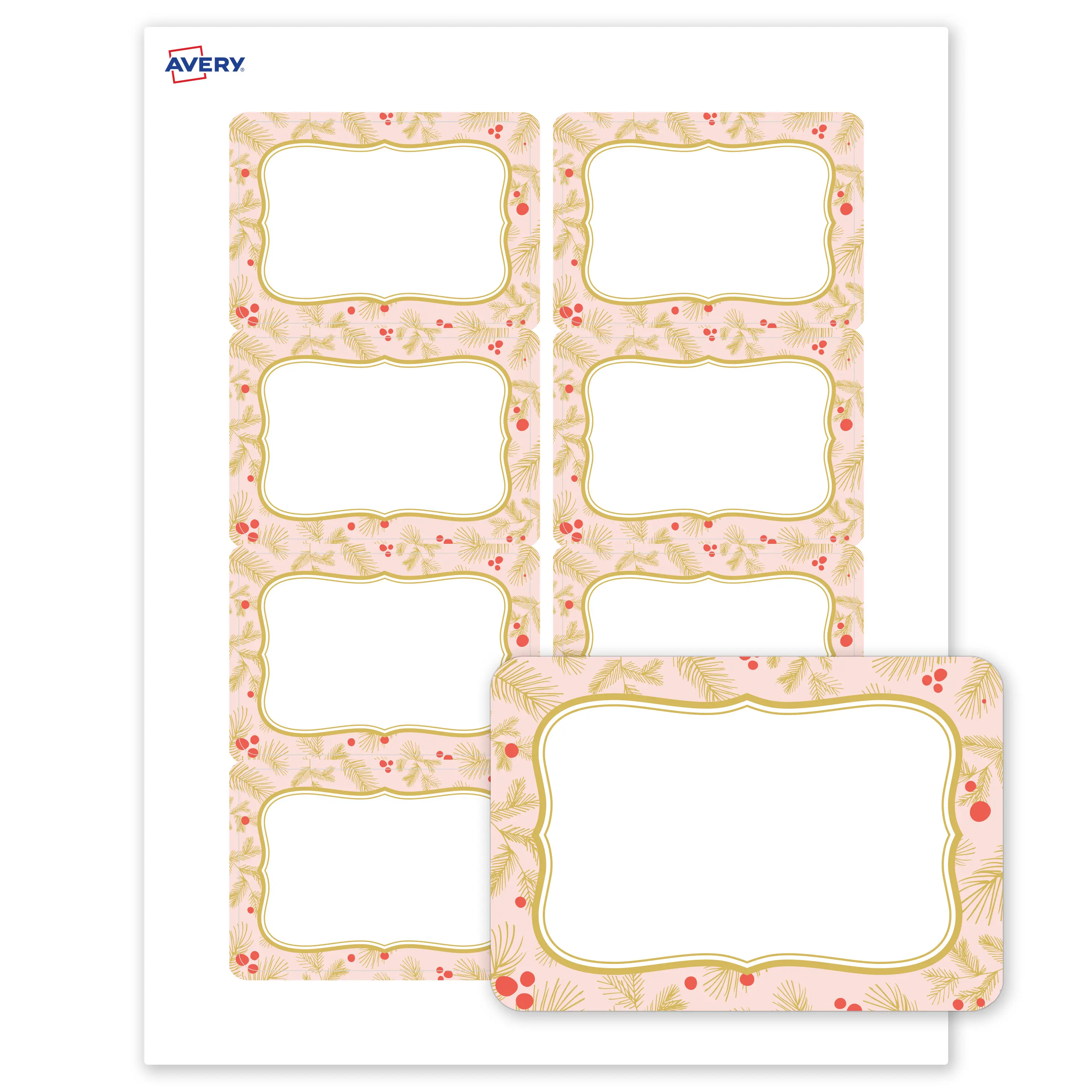 Avery® Printable Christmas Adhesive Name Tags, 2-1/3" x 3-3/8", Matte White, Pre-printed Pink & Metallic Gold Frame Design, Laser & Inkjet Compatible, 160 Total, Great for Branding, Marketing, and Events