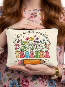Teacher Floral Canvas Makeup Bag, Canvas Beauty Bag, Fashionable Printed Handheld Cosmetic Pouch, Cosmetics Organizer, Zipper Travel Organizer, Lightweight Foldable Multi-Purpose Storage Box