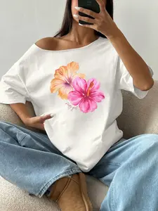 Women's Hibiscus Floral Graphic Tee, off Shoulder Short Sleeve, Loose Fit Casual Top, High Stretch Cool Fabric, Perfect for Outdoor Wear