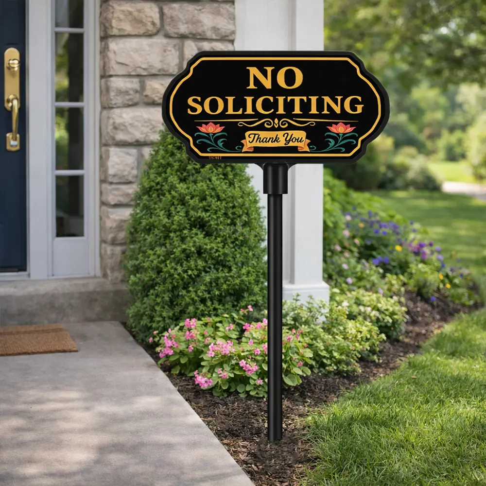 No Soliciting Sign for House 10 × 5 inch    Extra Tall No Soliciting Signs for Yard 24/37  inch  Aluminum Metal Plaque with Adjustable Stakes, Weatherproof & Fade Resistant Elegant Decorative Sign for Front Door Lawn Garden Business Weather Resistant