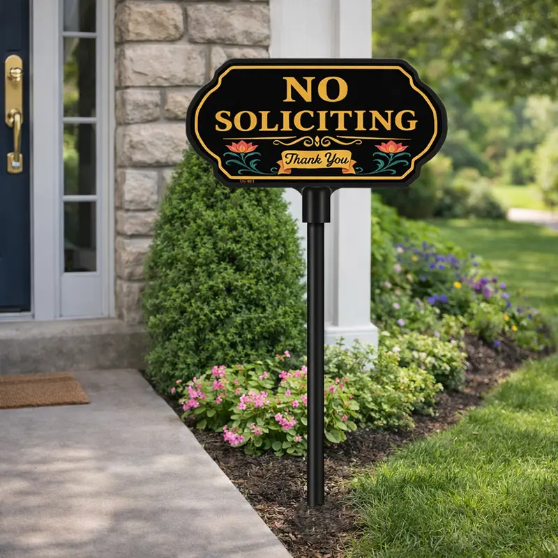 No Soliciting House Sign 10×5 Inch Aluminum Yard Sign Adjustable 24/37 Inch Stakes Weatherproof Fade Resistant Outdoor Privacy Warning Sign for Home Lawn Front Door Entrance Front Yard Commercial Decor