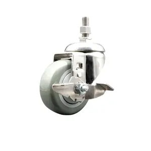 Service Caster SCC-SS316TS20S3514-PPUB-TLB-M1215 Polyurethane Swivel Stem Caster with 3.5 in. Gray Caster Wheels & Top Lock Brake, 12 mm Threaded Stem - 316 Stainless Steel Caster