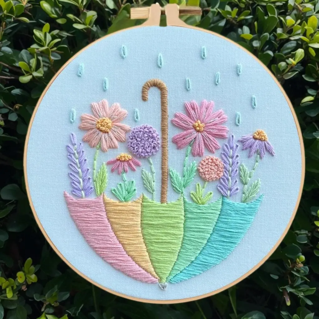 Beginner Embroidery Kit, Elegant Cross Stitch Set, Hand Embroidered Umbrella Style, DIY Embroidery Lovers, Embroidery Design, Includes Printed Cotton Fabric, Thread, Needle, Chart, Needle Crafts Kit