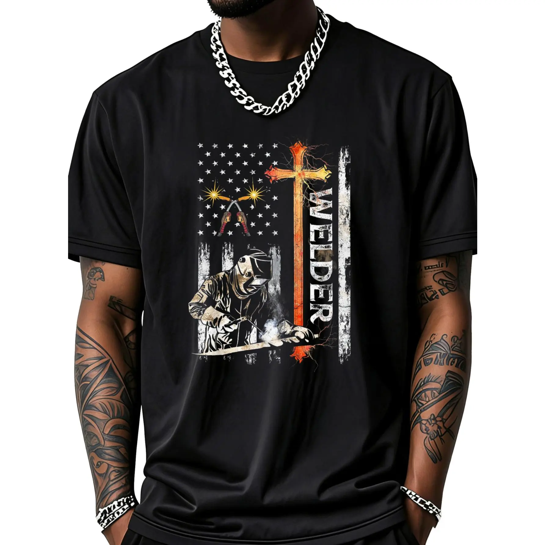 Welder American Flag Welding Faith Cross Christian T-Shirt