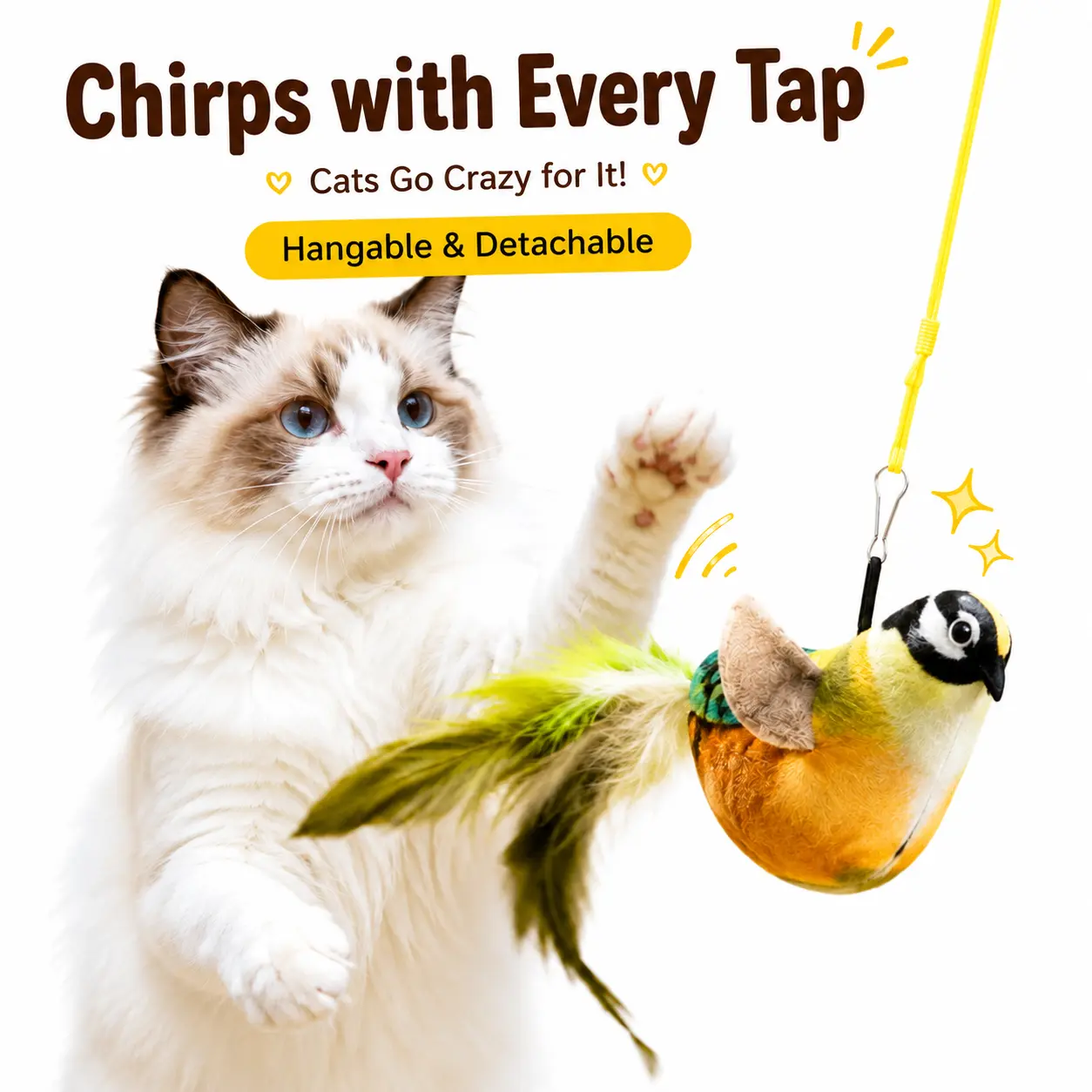 Interactive Chirping Bird Cat Toy with Built-In Catnip, Touch-Activated Realistic Bird Sounds, Hangable & Detachable Feather Plush Toy for Indoor Cats and Kittens