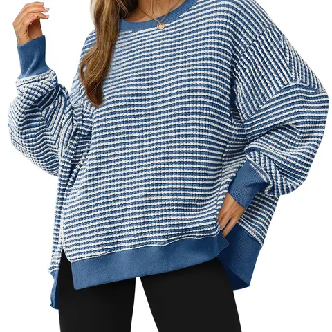 Imily Bela Women's Striped Oversized Pullover Sweater Casual Crewneck Long Sleeve Knit Top Loose Fit Waffle Sweatshirt