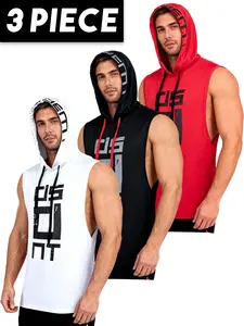 3 Piece Letter Fashion Printed Casual Breathable Comfortable Men's Hooded Sports Fitness Sleeveless Tank Top Basketball Running Casual Athletic Clothing High Stretch Quick Drying Top Spring Summer Outdoorfun