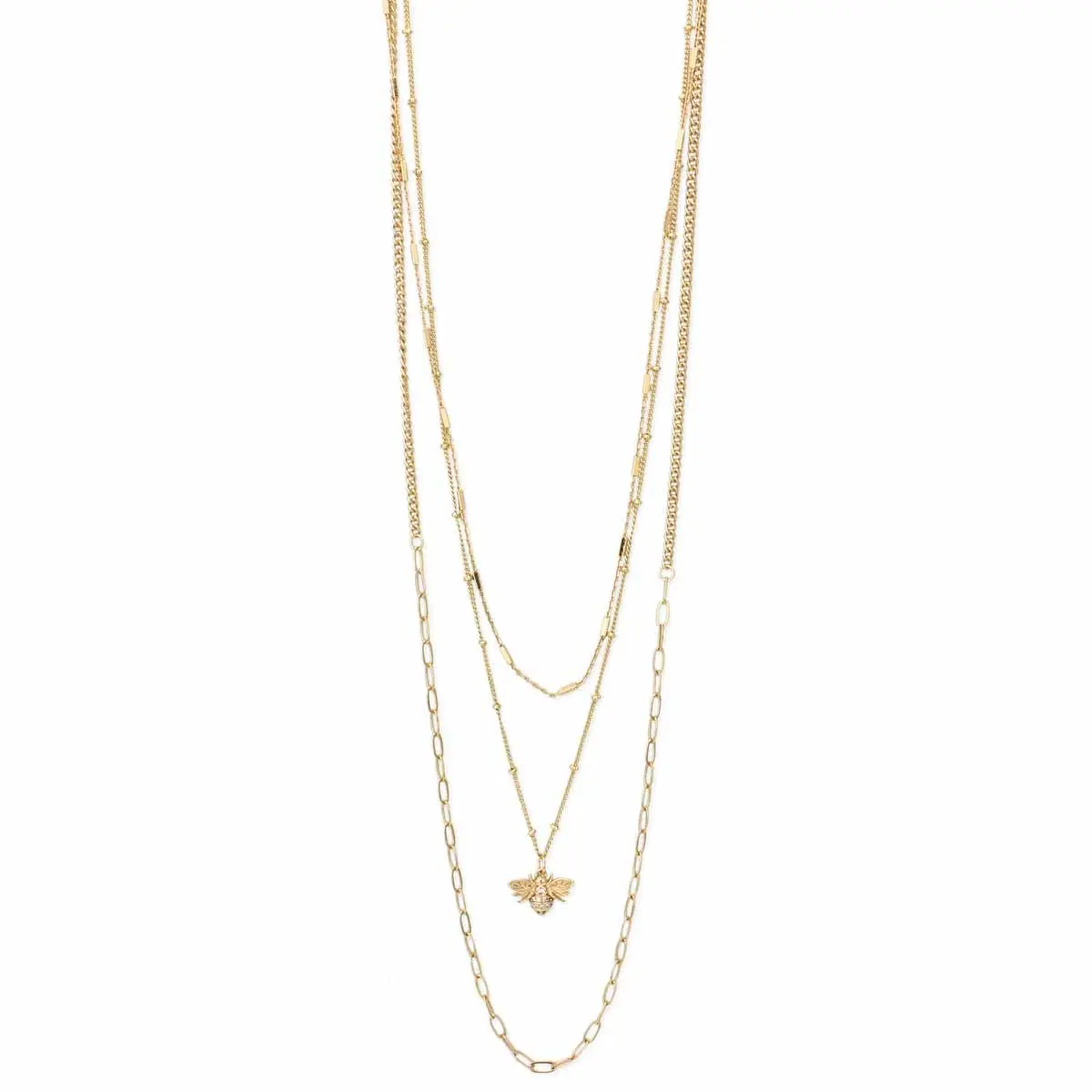 Zad Jewelry Women's Elegant Layered Gold-tone Necklace, Feminine 3-Line Garden-Inspired Chain with Paperclip Link and Sweet Crystal Bee Charm