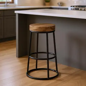 HomeRoots Backless Counter Height Barstool - Solid Wood & Iron Construction, 26.5x16x16 in, Natural & Black, Indoor Furniture Chair, Barstools