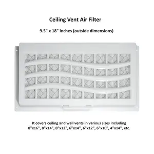 The Healthier & Happier Ceiling Vent Air Filter Holder is 9.5-inch by 18-inch white plastic adding Air Filter Sheet to cover various vent sizes, including 8x16, 8x14, 8x12, 6x14, 6x12, 6x10, 4x14. It filters the air before it circulates into your room.