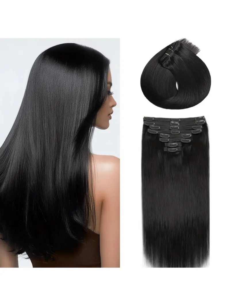 18 Inch Human Hair Extensions, 8 Wefts, Clip-In for Volume & Length Amazon.com : Real Clip in Hair Extensions Black 8 Pieces  main image 4