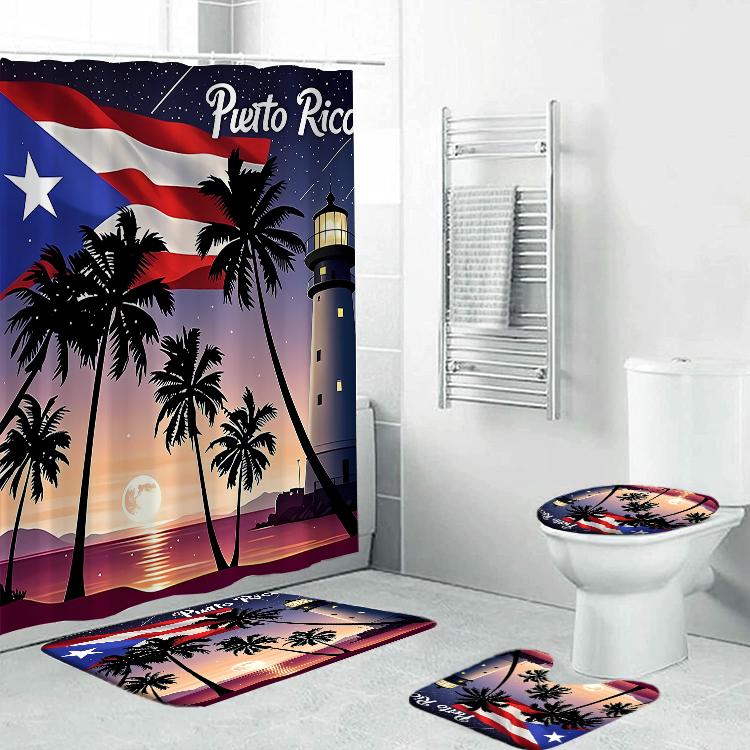 1/4 PC Puerto Rico Summer Unique Elegant Polyester Cloth With 12 Hooks Shower Curtain For Bathrooms Waterproof Quick Drying Machine Washable Home Bathroom Decor Shower Curtain Sets for Bathroom