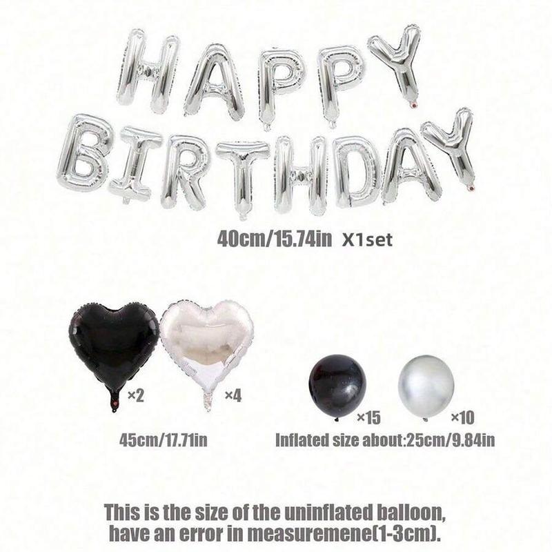 32pcs Balloon Set 16inch Silver Happy Letter & 18inch Black Silver Heart-Shaped Aluminum Foil Latex for Birthday Wedding Anniversary Party Decor