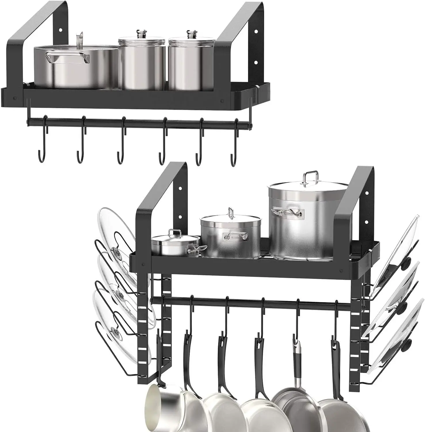 Set of 2 Black Wall Mounted Pot Racks, Hanging Cookware Shelves with Towel Bar, Lid Organizer & 12 Hooks, Kitchen Pots and Pans Storage