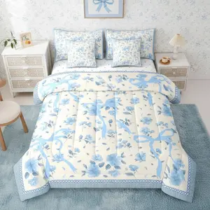 Blue Bows 7 Piece Comforter Set,Bowknot Floral Bedding Set,for Girls Kids Teens | Farmhouse Coquette Decor Sheet Set with Comforter Dreamy Bow Tie Cottagecore Botanical Duvet Insert