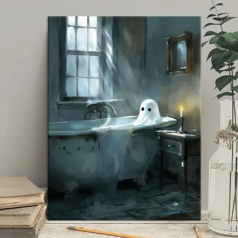 Wooden Frame Canvas Halloween Poster Decor, Ghost Wall Art for Living Room Bedroom, Waterproof Printed Fabric Art, Modern Universal Decoration, Home Decor Prints