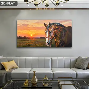 Wooden Framed Canvas Painting Wall Art 2D Flat Painting, 1 Pack Large-Sized Canvas Art Print Featuring Horse Under Sunset, Sunset-Themed Design, Framed Wall Decor with Pine Wood Inner Frame, Suitable for Living Room, Bedroom or Corridor Wrapped in canvas.