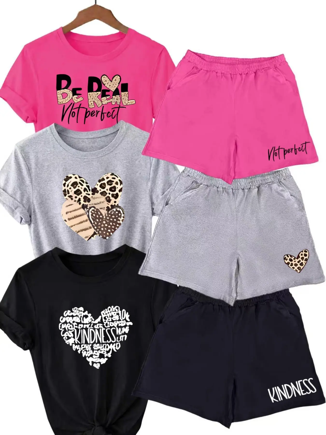 Women's Three-Piece Set, Mini Heart Letter Print, Casual Short Sleeve Shorts, Minimalist Design, Style, Comfortable Daily Wear, Fashion Trendy, Everyday, Clothing Set