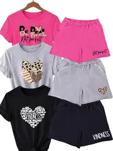Women's Three-Piece Set, Mini Heart Letter Print, Casual Short Sleeve Shorts, Minimalist Design, Comfortable Daily Wear, Fashion Trendy