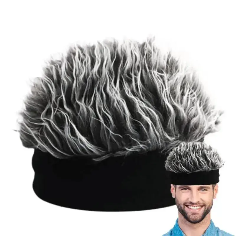 Mens Synthetic Short Hair Caps Wig Hats Hip Hop Skull Beanie Hat Toupee Spiked Fake Hair Hat Wigs Short Melon Headband Headwear