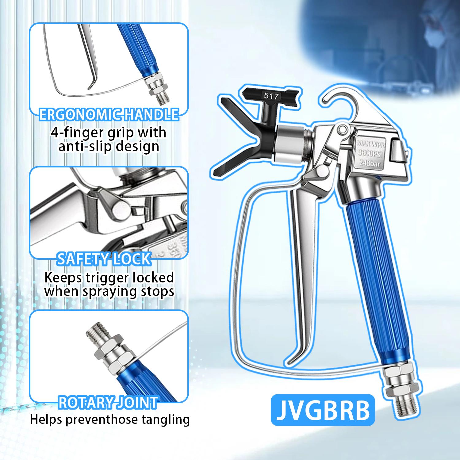 JVGBRB 17Pcs Metal Airless Paint Sprayer Gun Full Kit for DIY Hardware Accessories - 3600PSI Airless Gun, 32Ft High Pressure Hose, 5Pcs Reversible Tips, 2Pcs Extension Rod, 5Pcs Filters, 2Pcs Nozzle Seat, 1pcs 1/4-inch Double-ended Male Thread Nipple, Alu
