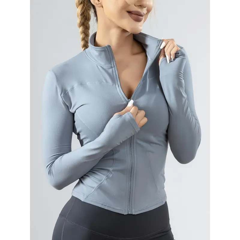 [1pc Slim Fit Athletic Pullover] 1pc Women'S Sports Zippered Long Sleeve Top, High Elastic Polyester Knit, Solid Color, Round Neck, Slim Fit Athletic Pullover for Running & Yoga - 2024 New Arrival