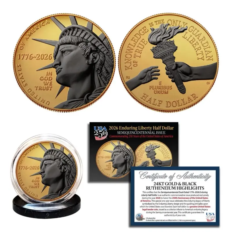 2026-P Enduring Liberty Half Dollar BU Coin America 250 24K Gold Black Ruthenium