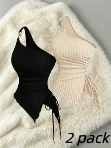 Women's Solid Ruched Asymmetrical Hem Tank Top, Camisole Tops, Casual Fitted Sleeveless, Elegant One Shoulder Drawstring Side Top for Daily Wear, Ladies Clothes for All Seasons