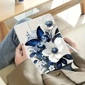 Blue butterfly and flower pattern, with adjustable bracket and pen slot, foldable non-slip TPU protective case, suitable for iPad mini, iPad Air, iPad Pro/iPad 10th generation, 11th generation and other series iPad protective cases
