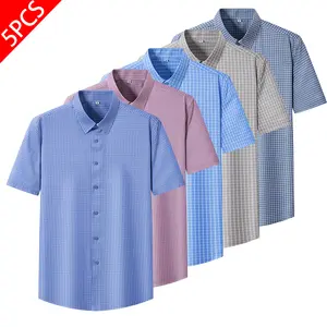 5-Pack Men's Plaid Short Sleeve Shirts, Business Casual Stretch Checkered Button Down Tops, Wrinkle Resistant Dress Shirts for Work, Office & Everyday Wear   oxford