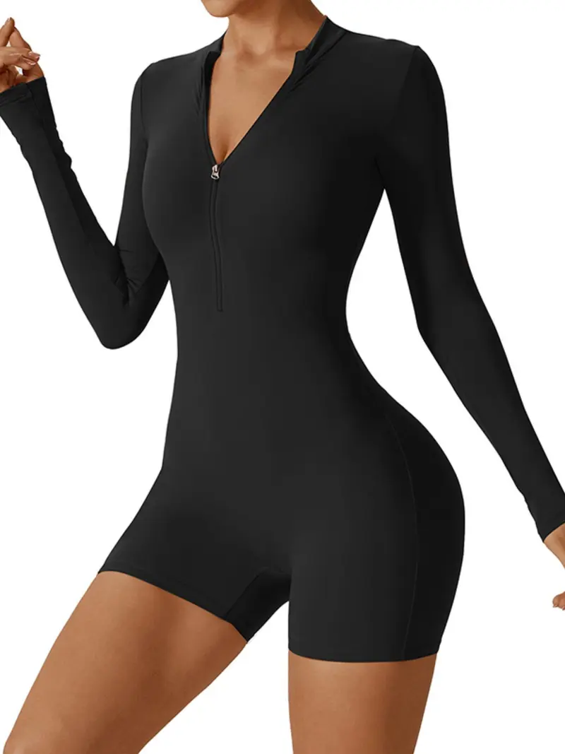 Women's Long Sleeve Zipper Jumpsuit, Workout Jumpsuit, Sporty Tight-Fit Yoga, Above the Knee Dance Fitness Romper, All Season Wearable, Gym Yoga Clothing